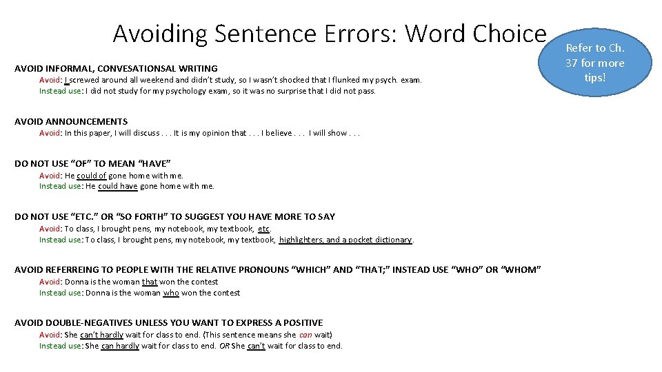 Avoiding Sentence Errors: Word Choice AVOID INFORMAL, CONVESATIONSAL WRITING Avoid: I screwed around all