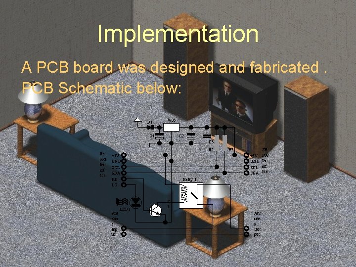 Implementation A PCB board was designed and fabricated. PCB Schematic below: D 1 7805