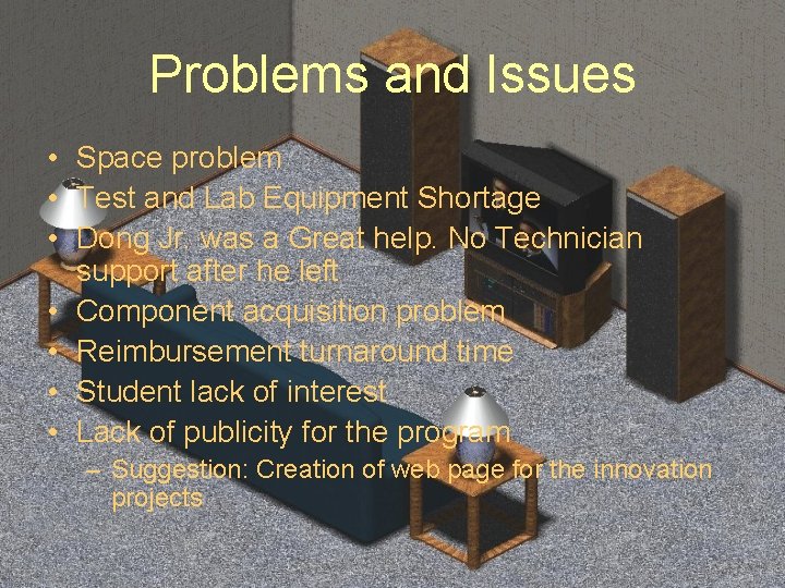 Problems and Issues • Space problem • Test and Lab Equipment Shortage • Dong