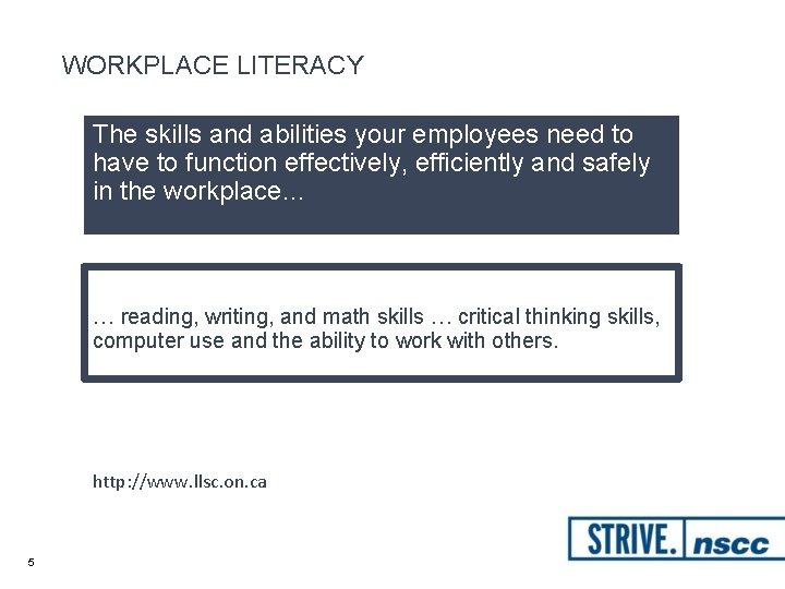 WORKPLACE LITERACY The skills and abilities your employees need to have to function effectively,