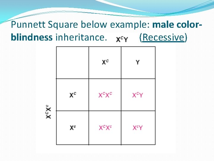 Punnett Square below example: male colorblindness inheritance. (Recessive) Punnett Square below example: male colorblindness inheritance. (Recessive)