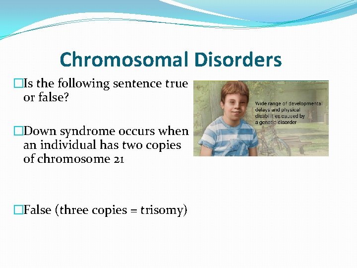 Chromosomal Disorders �Is the following sentence true or false? �Down syndrome occurs when an Chromosomal Disorders �Is the following sentence true or false? �Down syndrome occurs when an