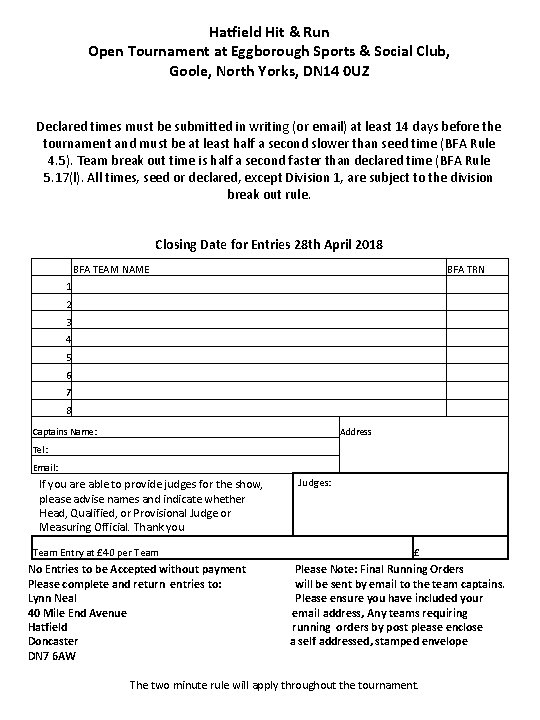 Hatfield Hit & Run Open Tournament at Eggborough Sports & Social Club, Goole, North