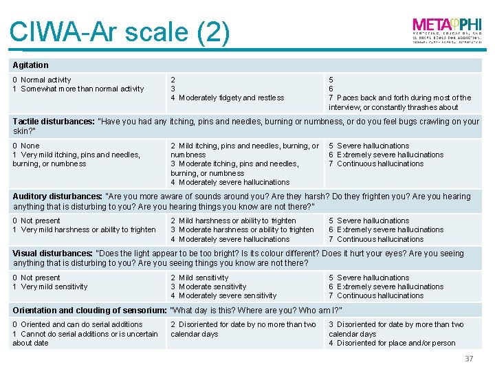 CIWA-Ar scale (2) Agitation 0 Normal activity 1 Somewhat more than normal activity 2