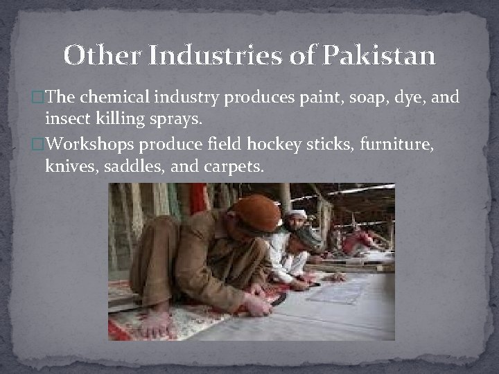 Other Industries of Pakistan �The chemical industry produces paint, soap, dye, and insect killing