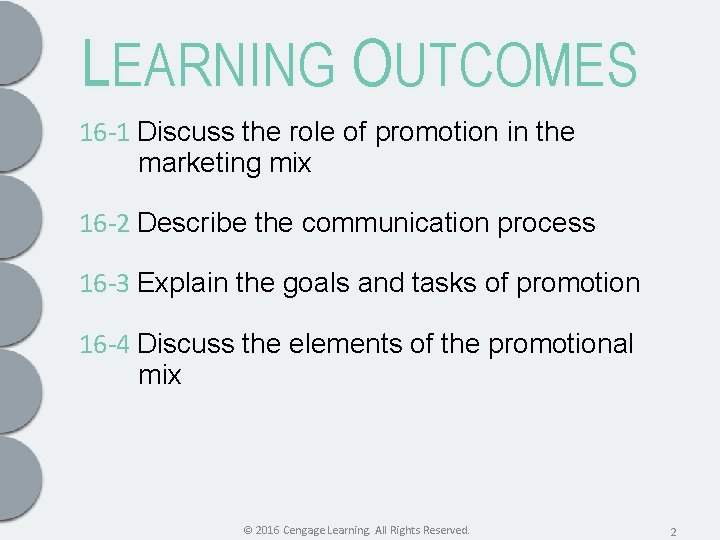 LEARNING OUTCOMES 16 -1 Discuss the role of promotion in the marketing mix 16