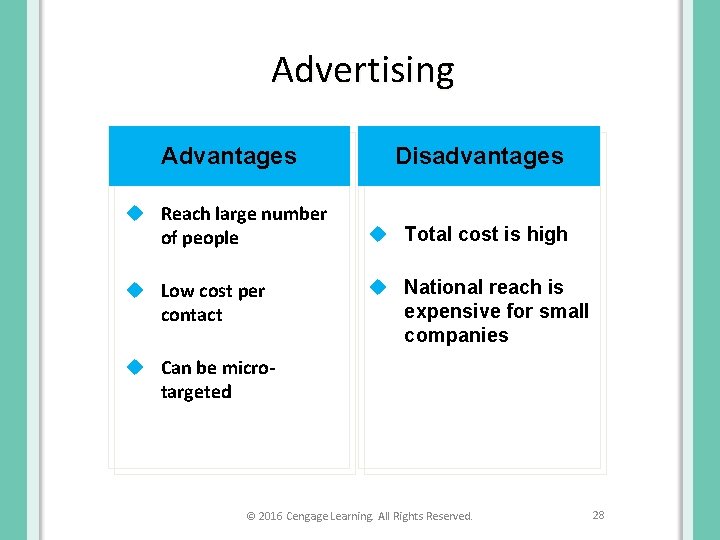 Advertising Advantages Disadvantages u Reach large number of people u Total cost is high