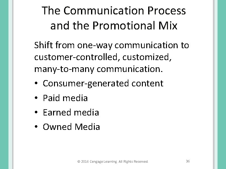 The Communication Process and the Promotional Mix Shift from one-way communication to customer-controlled, customized,