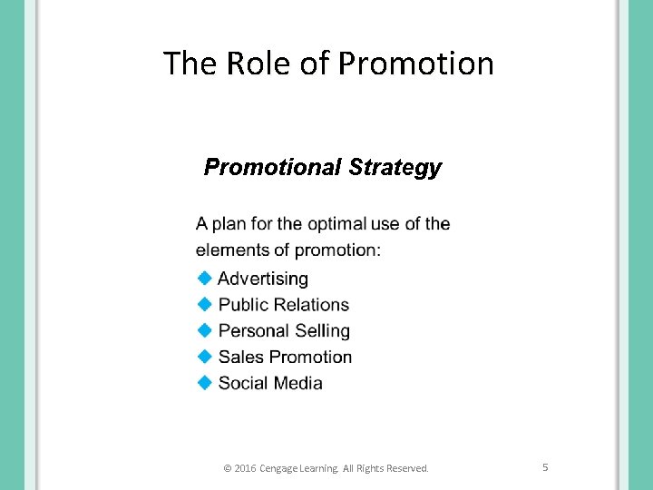 The Role of Promotional Strategy © 2016 Cengage Learning. All Rights Reserved. 5 