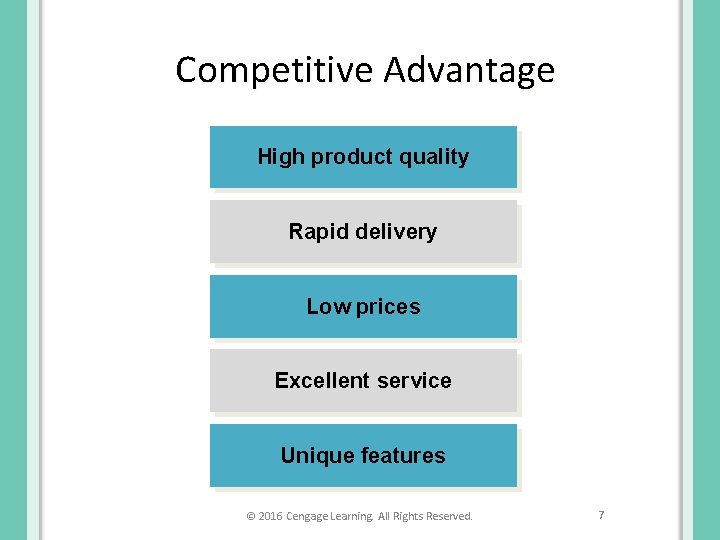 Competitive Advantage High product quality Rapid delivery Low prices Excellent service Unique features ©