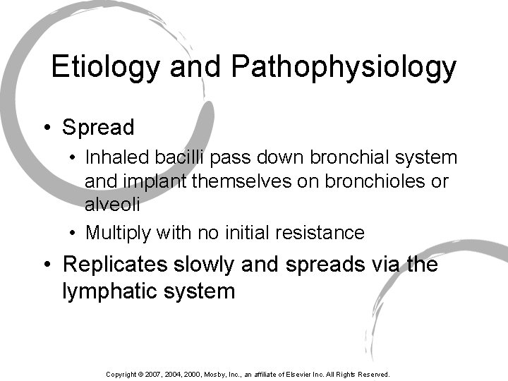 Etiology and Pathophysiology • Spread • Inhaled bacilli pass down bronchial system and implant