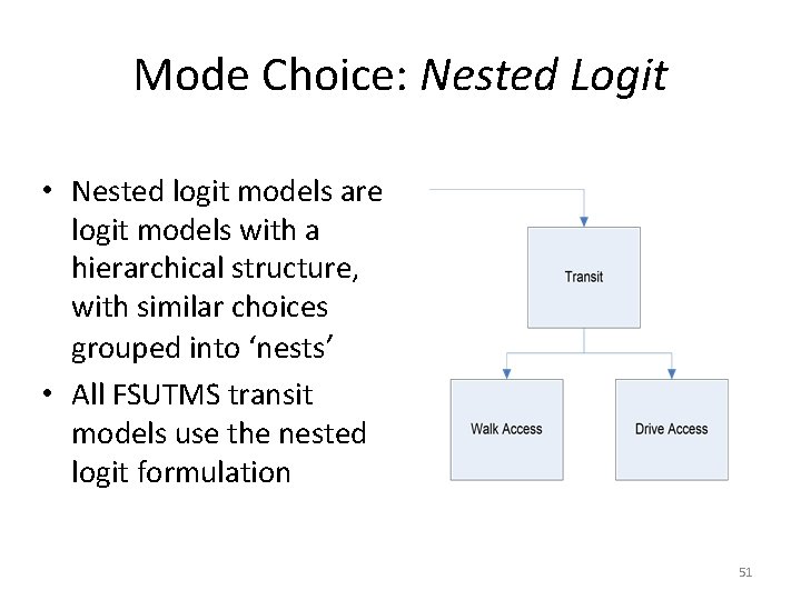 Mode Choice: Nested Logit • Nested logit models are logit models with a hierarchical Mode Choice: Nested Logit • Nested logit models are logit models with a hierarchical