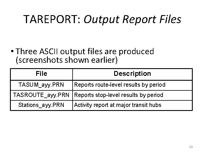 TAREPORT: Output Report Files • Three ASCII output files are produced (screenshots shown earlier) TAREPORT: Output Report Files • Three ASCII output files are produced (screenshots shown earlier)