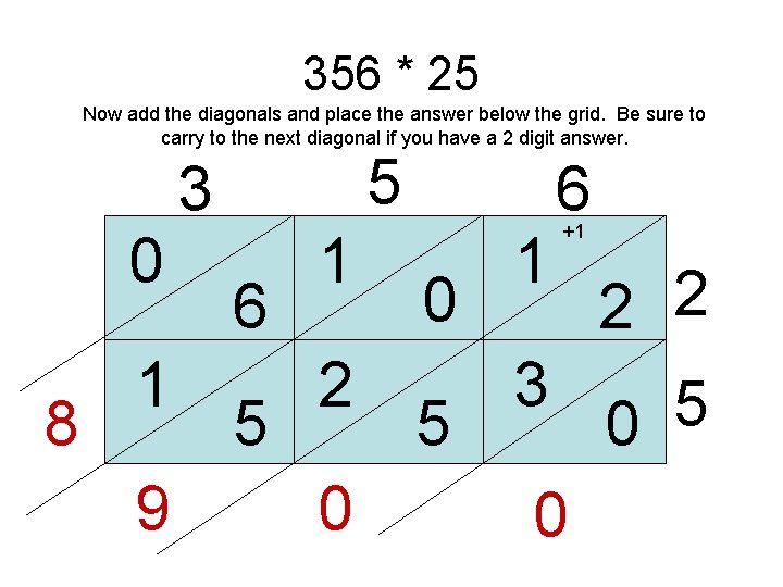 356 * 25 Now add the diagonals and place the answer below the grid.