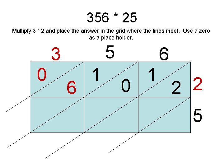 356 * 25 Multiply 3 * 2 and place the answer in the grid