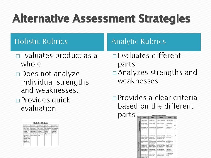 Alternative Assessment Strategies Holistic Rubrics Analytic Rubrics � Evaluates product as a whole �
