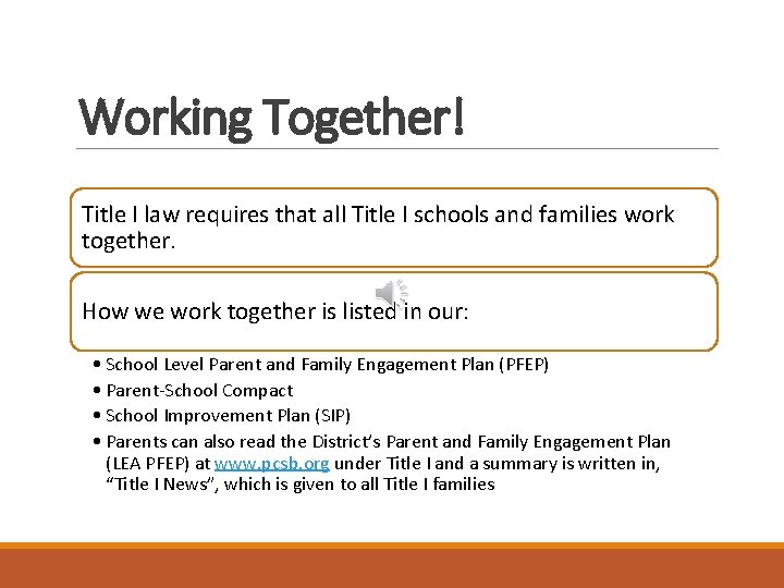 Working Together! Title I law requires that all Title I schools and families work