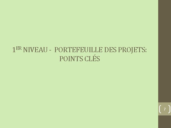1 ER NIVEAU - PORTEFEUILLE DES PROJETS: POINTS CLÉS 7 