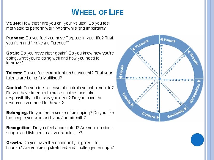 WHEEL OF LIFE Values: How clear are you on your values? Do you feel