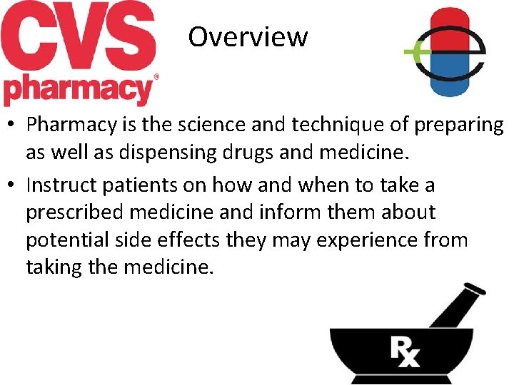 Overview • Pharmacy is the science and technique of preparing as well as dispensing