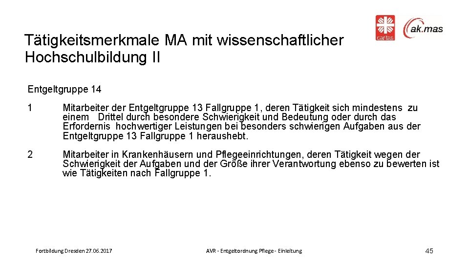 Tätigkeitsmerkmale MA mit wissenschaftlicher Hochschulbildung II Entgeltgruppe 14 1 Mitarbeiter der Entgeltgruppe 13 Fallgruppe