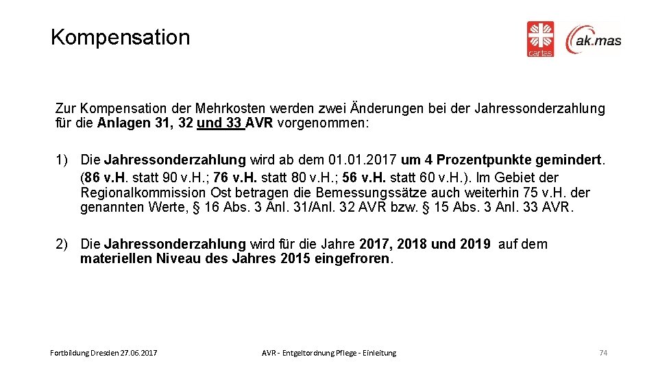 Kompensation Zur Kompensation der Mehrkosten werden zwei Änderungen bei der Jahressonderzahlung für die Anlagen