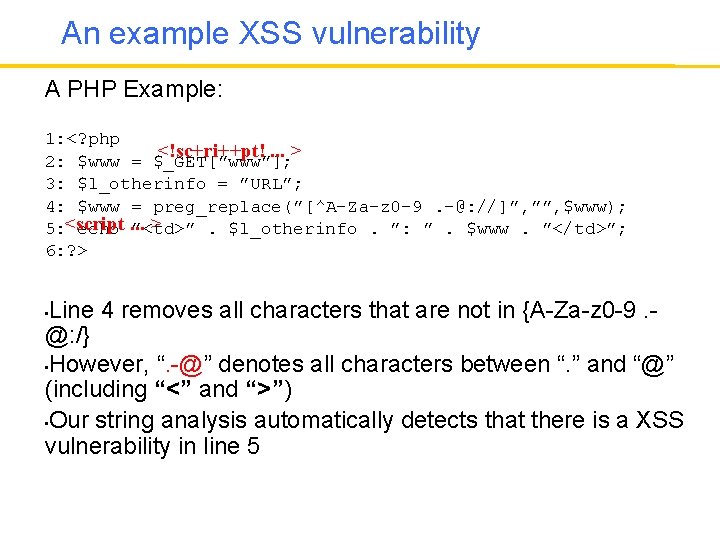 An example XSS vulnerability A PHP Example: 1: <? php <!sc+ri++pt!. . . >