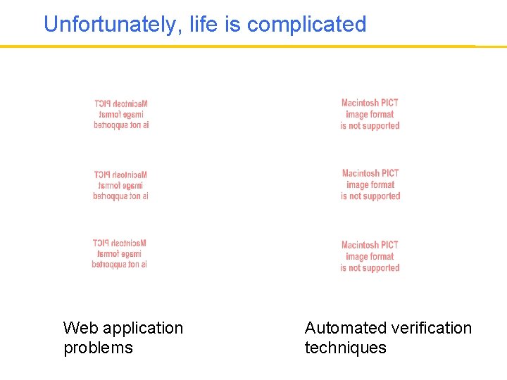 Unfortunately, life is complicated Web application problems Automated verification techniques 