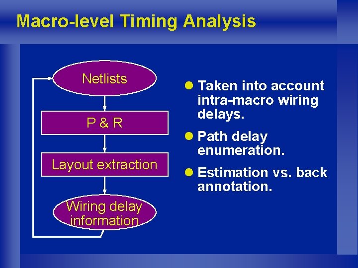 Macro-level Timing Analysis Netlists P&R Layout extraction Wiring delay information l Taken into account