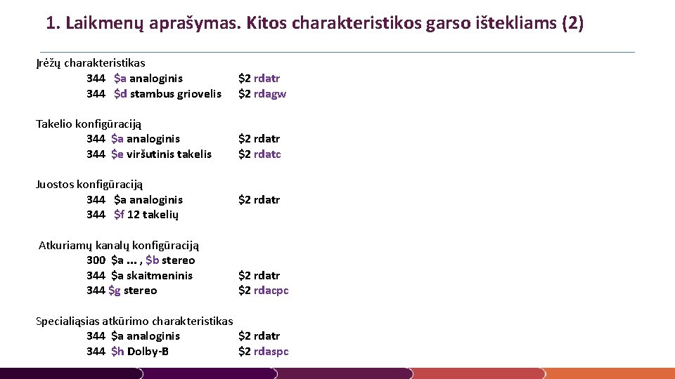 1. Laikmenų aprašymas. Kitos charakteristikos garso ištekliams (2) Įrėžų charakteristikas 344 $a analoginis 344