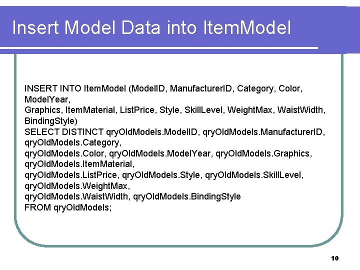 Insert Model Data into Item. Model INSERT INTO Item. Model (Model. ID, Manufacturer. ID,