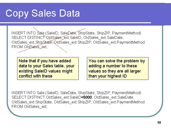 Copy Sales Data INSERT INTO Sale (Sale. ID, Sale. Date, Ship. State, Ship. ZIP,