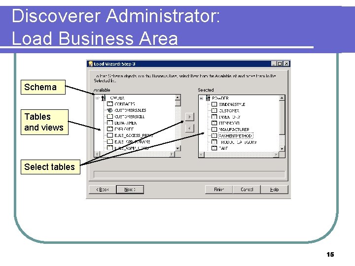 Discoverer Administrator: Load Business Area Schema Tables and views Select tables 15 