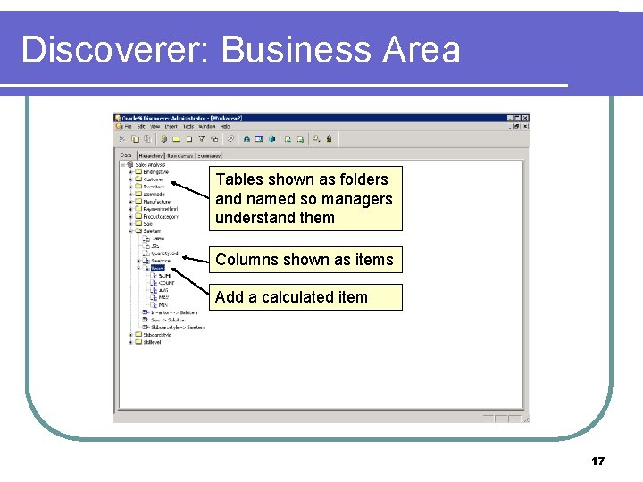 Discoverer: Business Area Tables shown as folders and named so managers understand them Columns