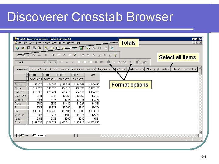 Discoverer Crosstab Browser Totals Select all items Format options 21 