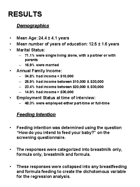 RESULTS Demographics • • • Mean Age: 24. 4 ± 4. 1 years Mean