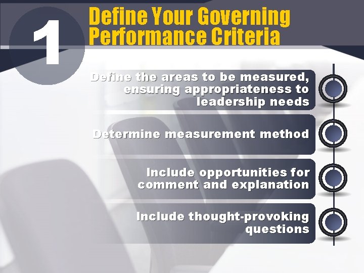 1 Define Your Governing Performance Criteria Define the areas to be measured, ensuring appropriateness