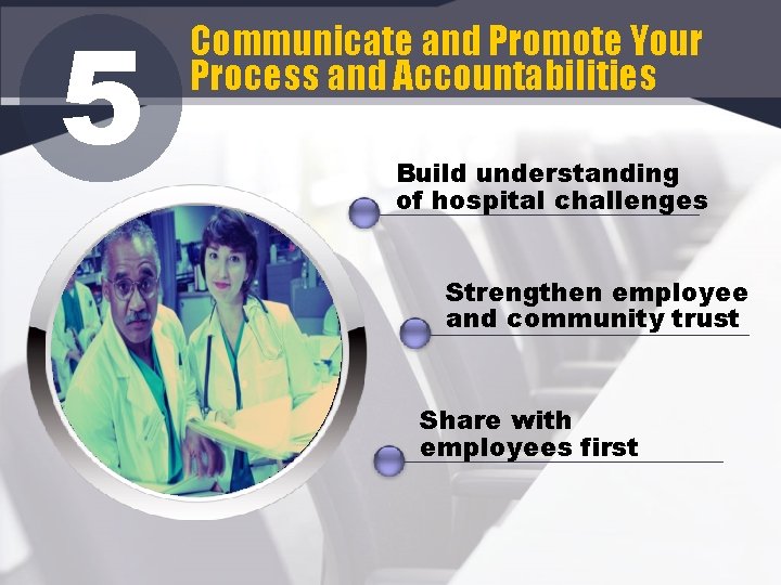 5 Communicate and Promote Your Process and Accountabilities Build understanding of hospital challenges Strengthen