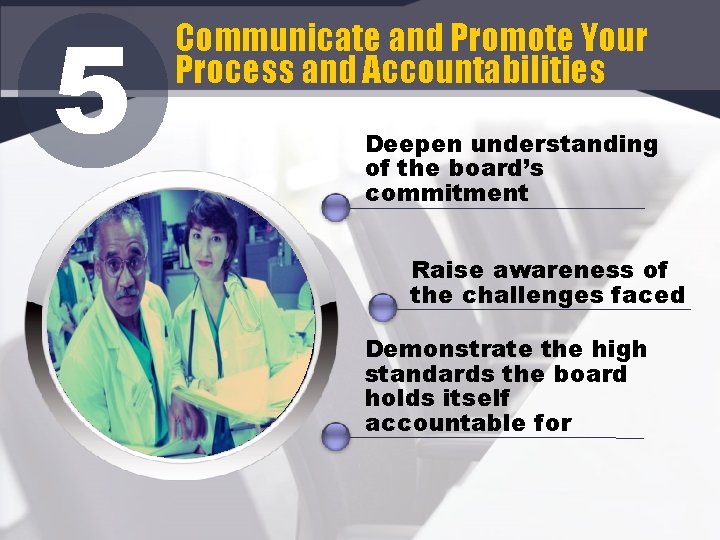 5 Communicate and Promote Your Process and Accountabilities Deepen understanding of the board’s commitment