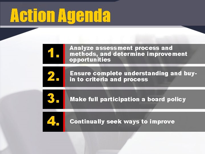 Action Agenda 1. Analyze assessment process and methods, and determine improvement opportunities 2. Ensure
