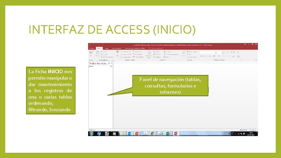 INTERFAZ DE ACCESS (INICIO) La Ficha INICIO nos permite manipular o dar mantenimiento a