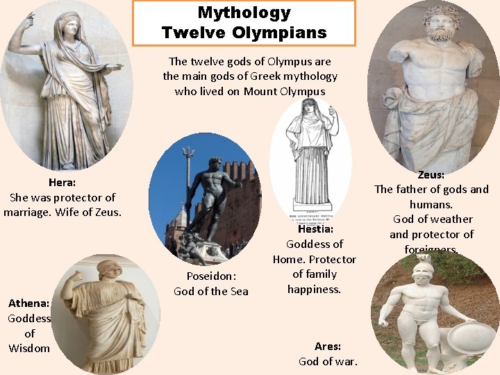 Mythology Twelve Olympians The twelve gods of Olympus are the main gods of Greek