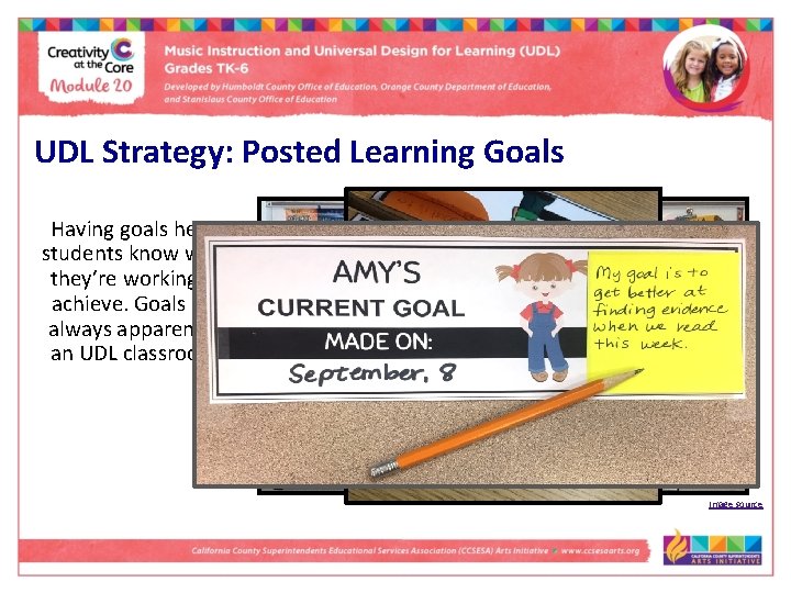 UDL Strategy: Posted Learning Goals Having goals helps students know what they’re working to