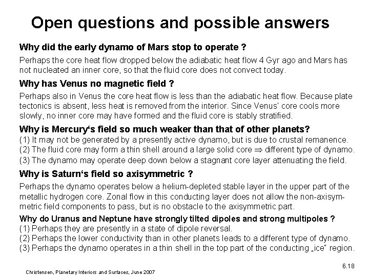 Open questions and possible answers Why did the early dynamo of Mars stop to Open questions and possible answers Why did the early dynamo of Mars stop to