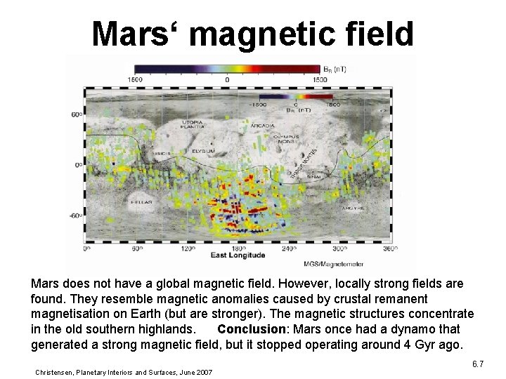 Mars‘ magnetic field Mars does not have a global magnetic field. However, locally strong