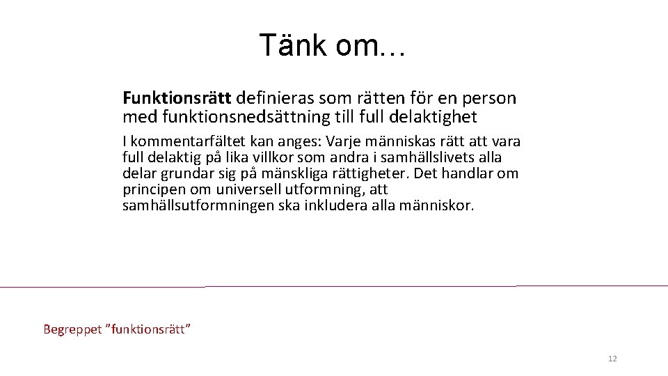 Tänk om… Funktionsrätt definieras som rätten för en person med funktionsnedsättning till full delaktighet