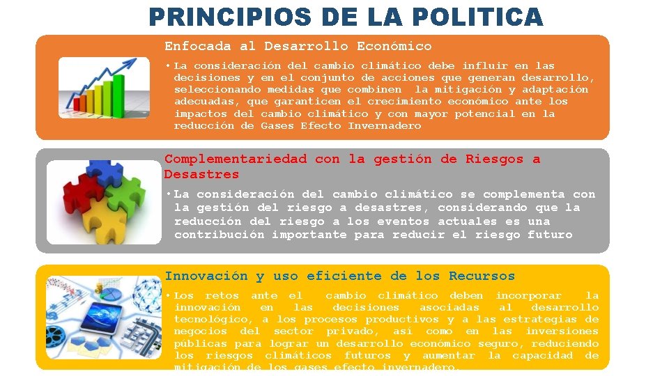 PRINCIPIOS DE LA POLITICA Enfocada al Desarrollo Económico • La consideración del cambio climático