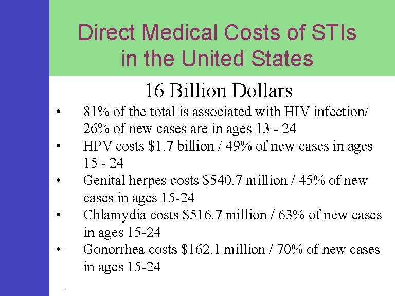 Direct Medical Costs of STIs in the United States 16 Billion Dollars • •