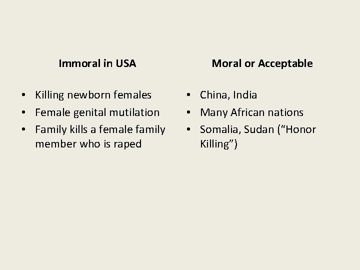 Immoral in USA • Killing newborn females • Female genital mutilation • Family kills