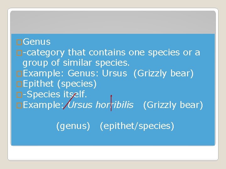 �Genus �-category that contains one species or a group of similar species. �Example: Genus: �Genus �-category that contains one species or a group of similar species. �Example: Genus: